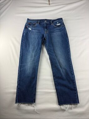 Gap Girlfriend Crop Jeans Mid Rise Distressed Raw Hem Women's Size 28 Petite